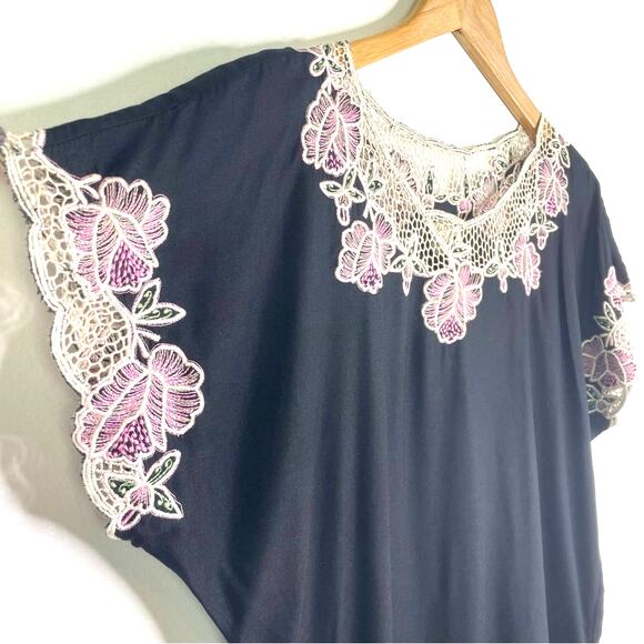 Vintage Embroidered Black Dress White Floral Lace Rayon Dress Pink Green - Picture 5 of 9